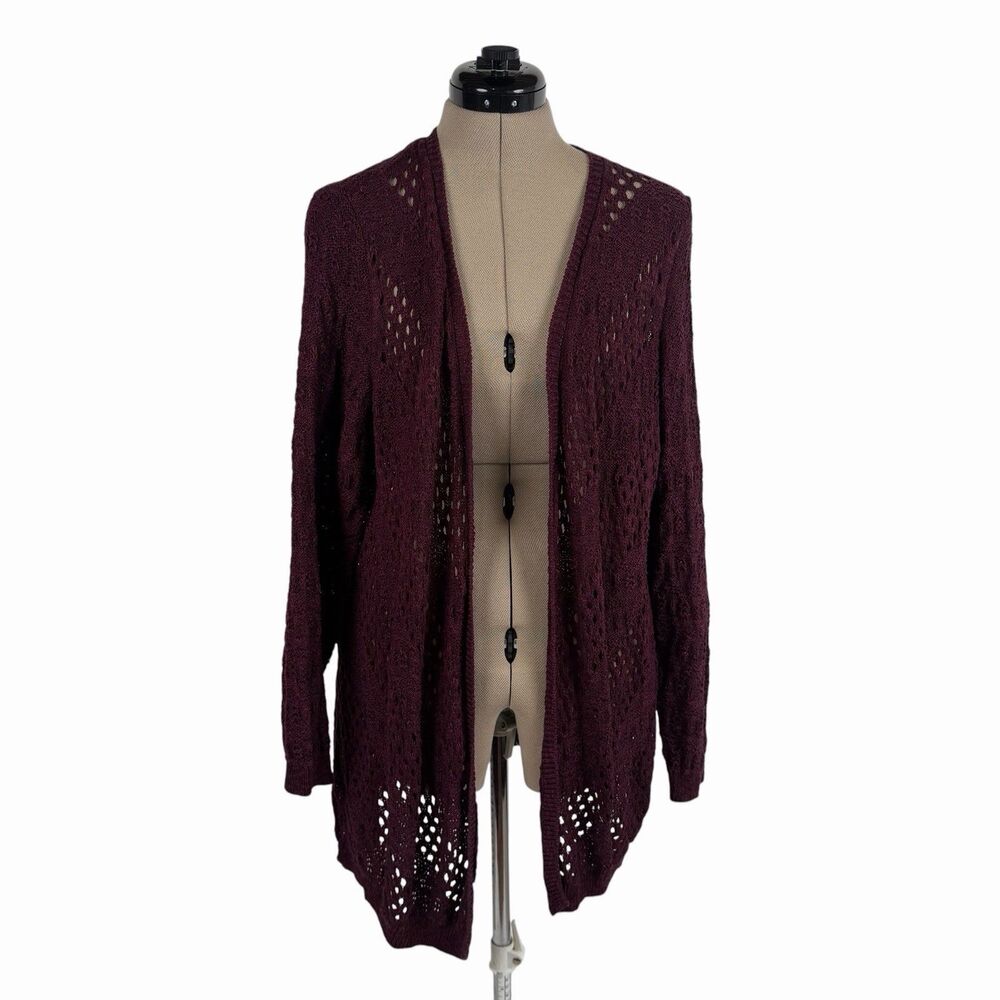 Maurices Cardigan Sweater XXL Burgundy Pointelle Open Knit Duster Boho Longline